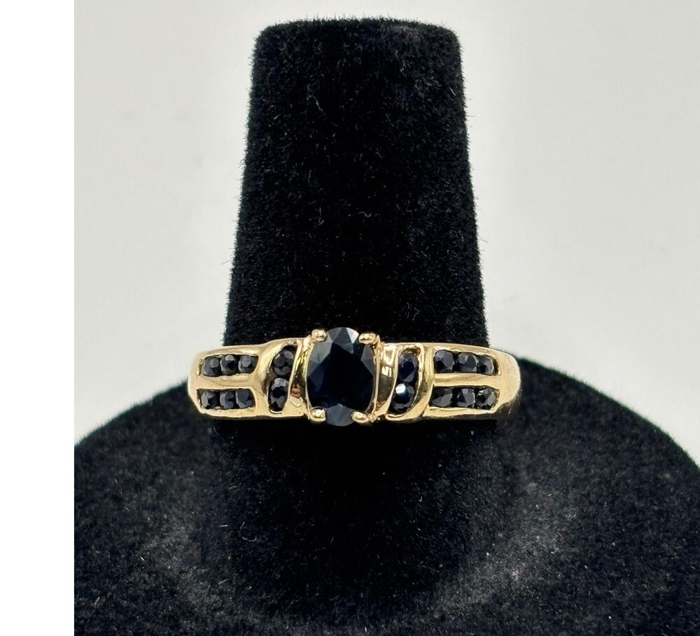 14K Yellow Gold Oval Blue Sapphire Cocktail Ring Size 7.75 #78153